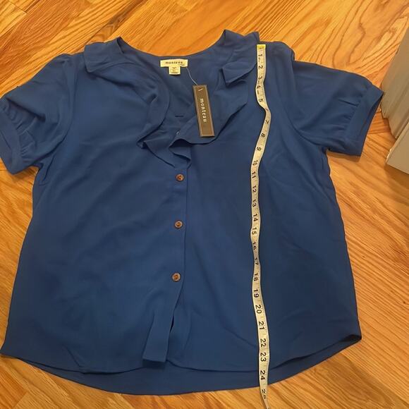 Monteau blue button up ruffle front blue blouse size XL new with tag - Picture 3 of 6